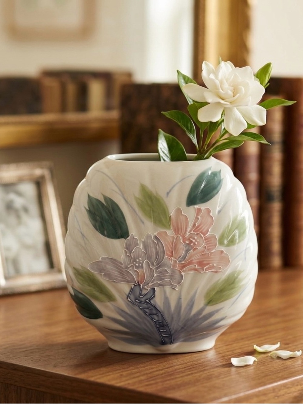 Handpainted Floral Porcelain Vase: Scalloped Edge, Made in Japan